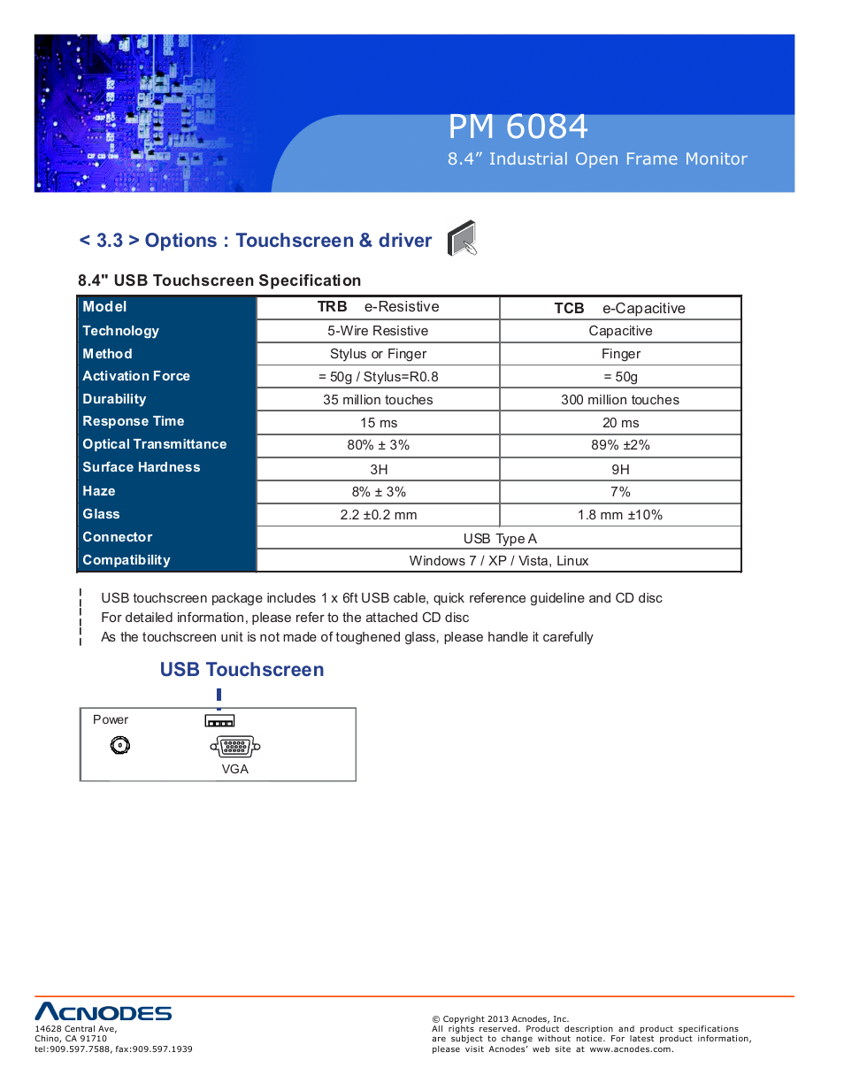 Pm 6084, 3 > options : touchscreen & driver, Usb touchscreen | Acnodes PM 6084 User Manual | Page 14 / 18