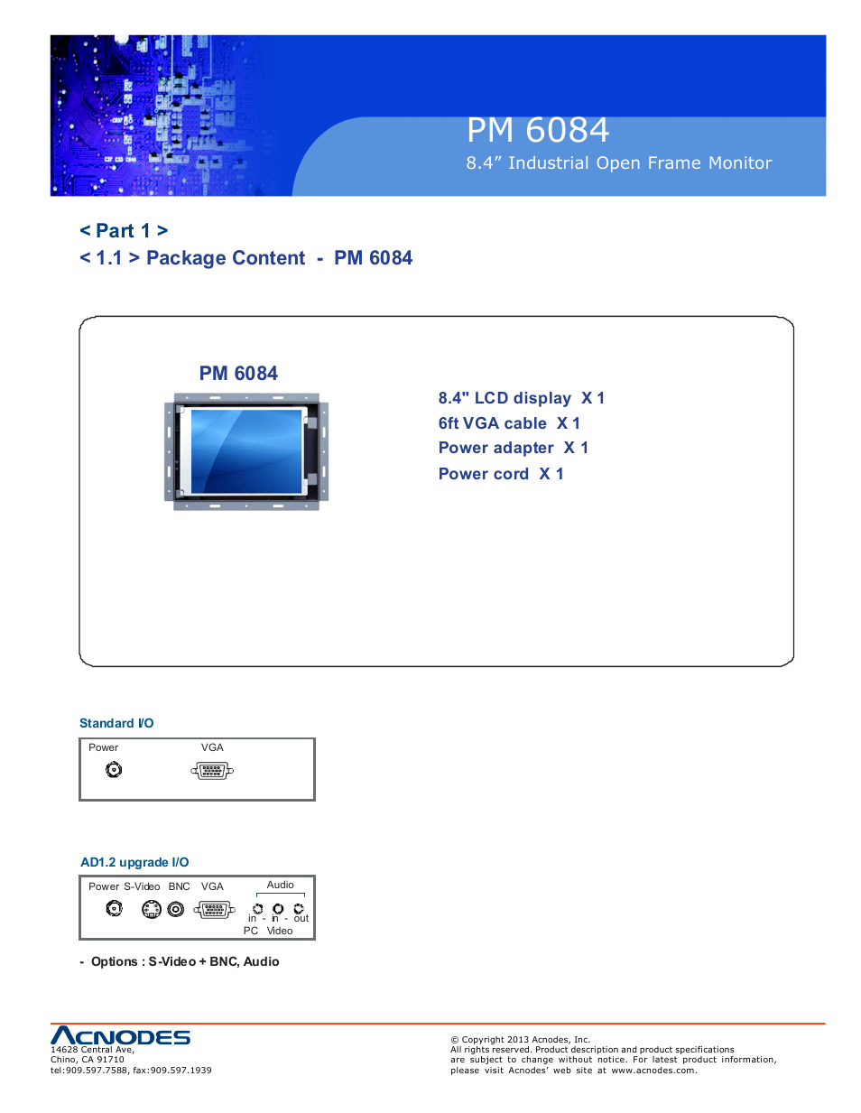 Pm 6084, 4” industrial o pen frame moni tor | Acnodes PM 6084 User Manual | Page 5 / 18