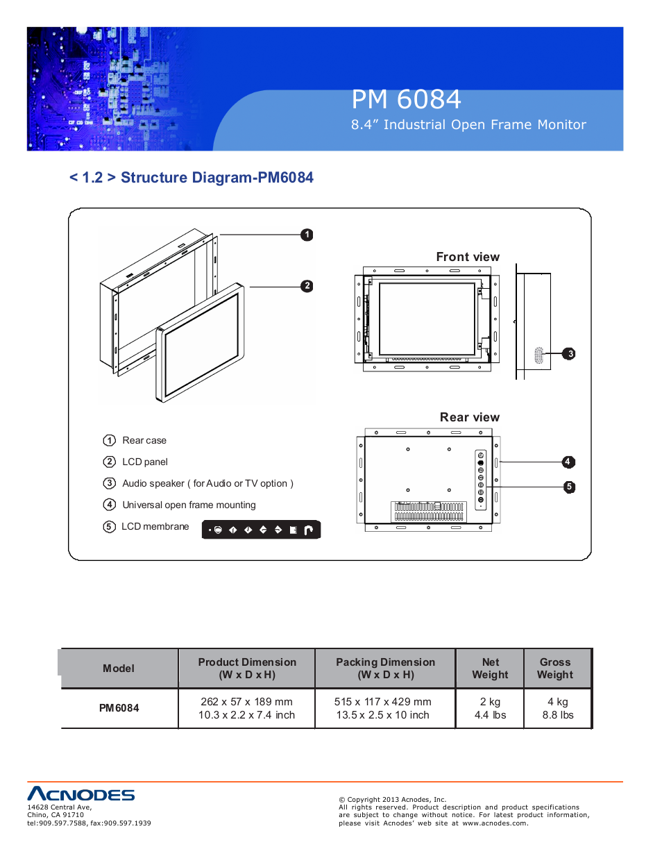 Pm 6084, Op-8, 4” industrial o pen frame moni tor | Fro nt view, Re ar view | Acnodes PM 6084 User Manual | Page 6 / 18