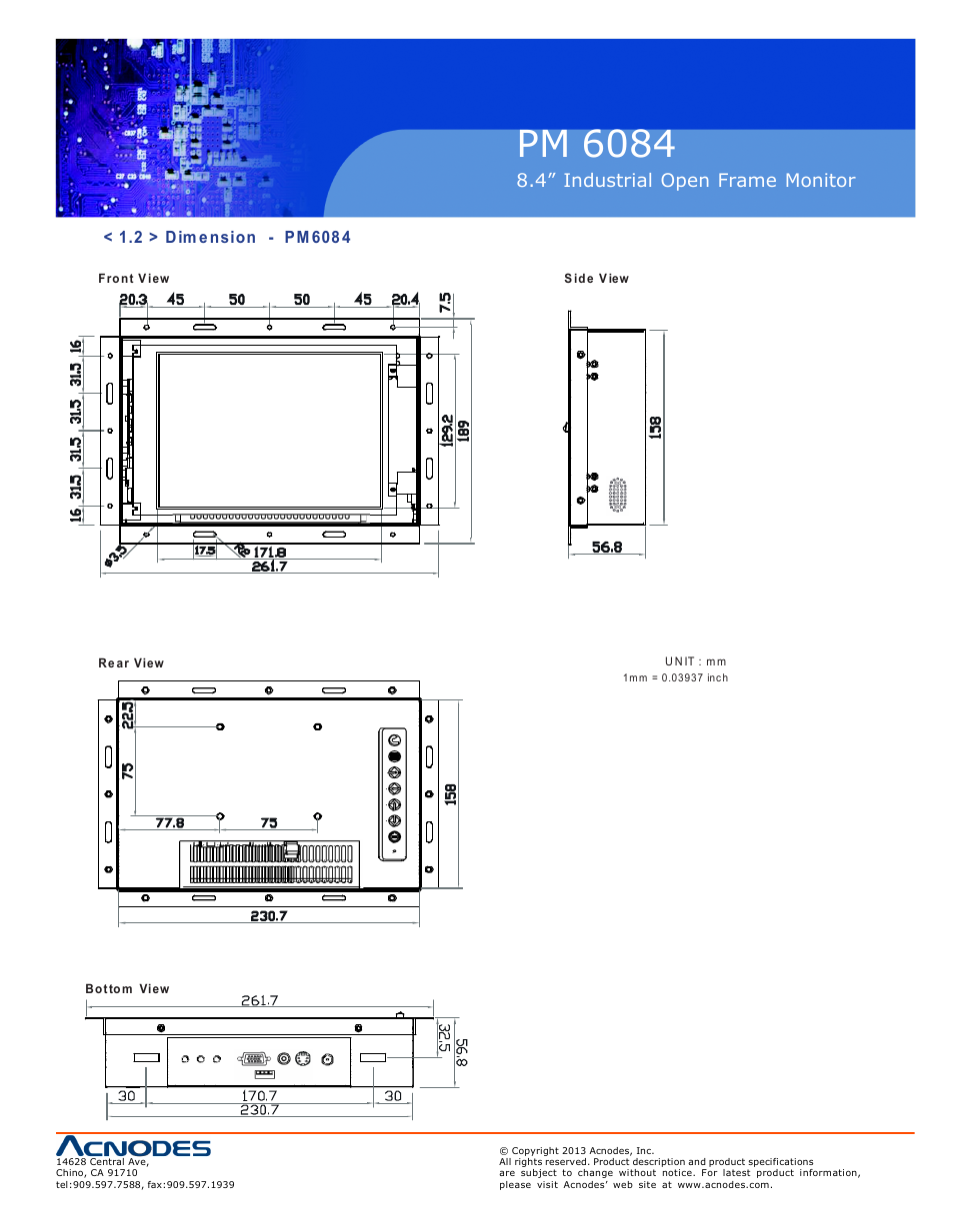 Pm 6084, Op-8, 4” industrial o pen frame moni tor | Acnodes PM 6084 User Manual | Page 7 / 18