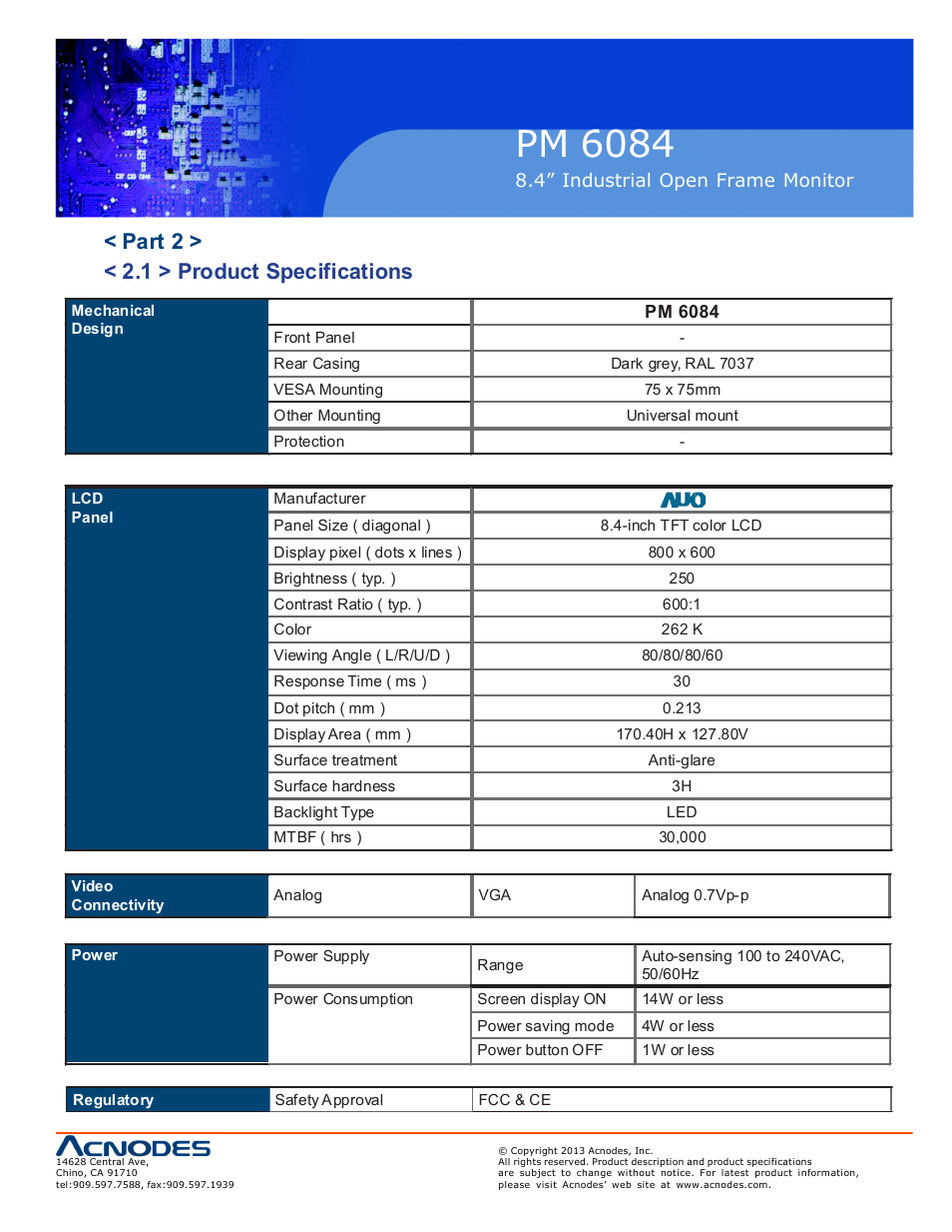 Pm 6084, Part 2 > < 2.1 > product specifications | Acnodes PM 6084 User Manual | Page 9 / 18