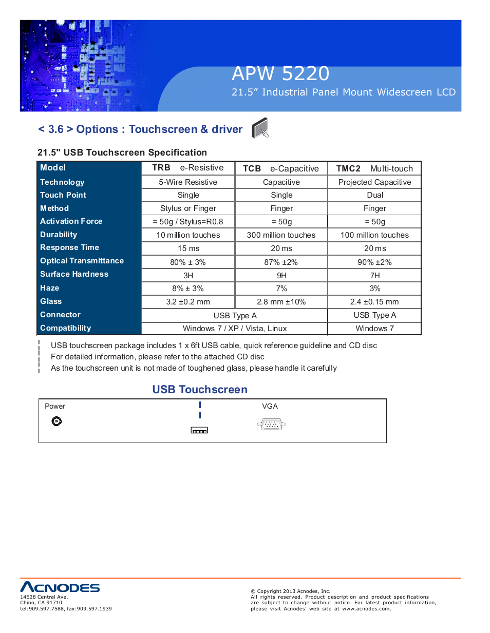 Apw 5220, 6 > options : touchscreen & driver, Usb touchscreen | Acnodes APW 5220 User Manual | Page 18 / 24