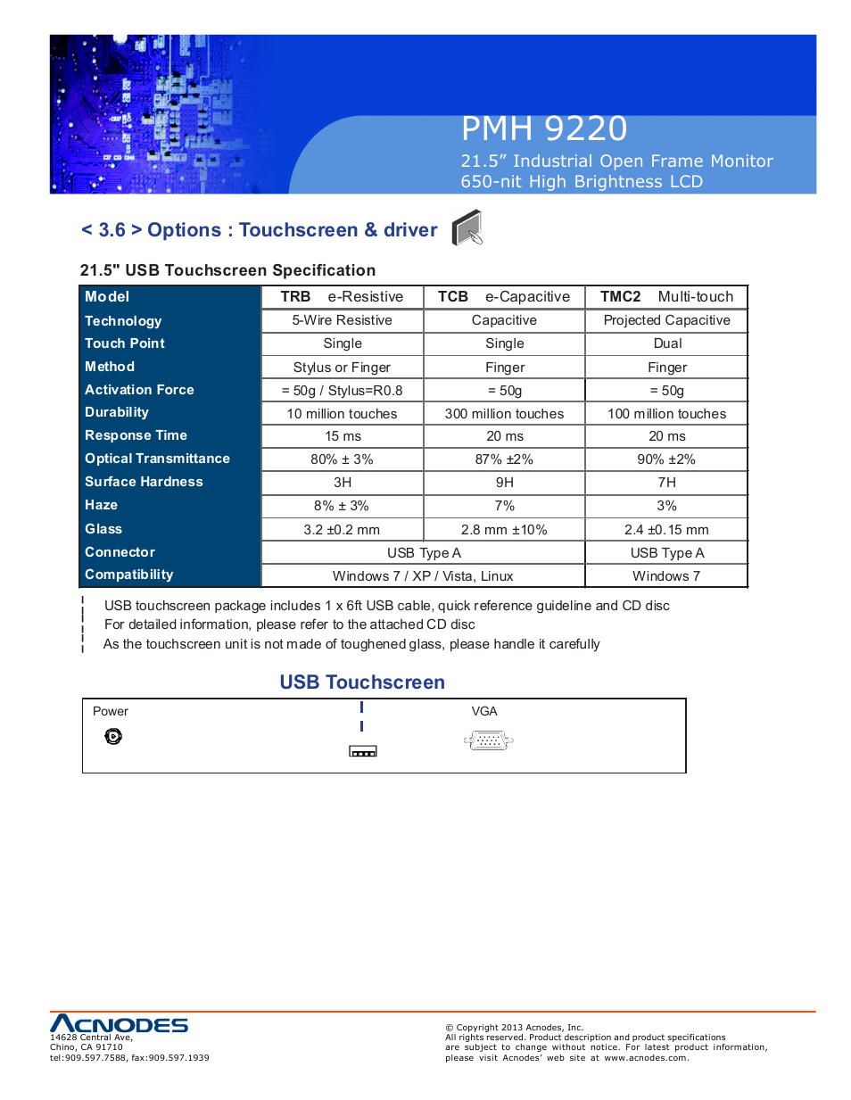 Pmh 92 20, 6 > options : touchscreen & driver, Usb touchscreen | Acnodes PMH 9220 User Manual | Page 17 / 23