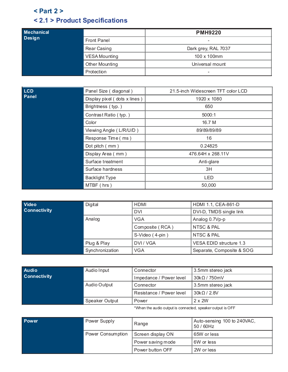 Part 2 > < 2.1 > product specifications | Acnodes PMH 9220 User Manual | Page 9 / 23