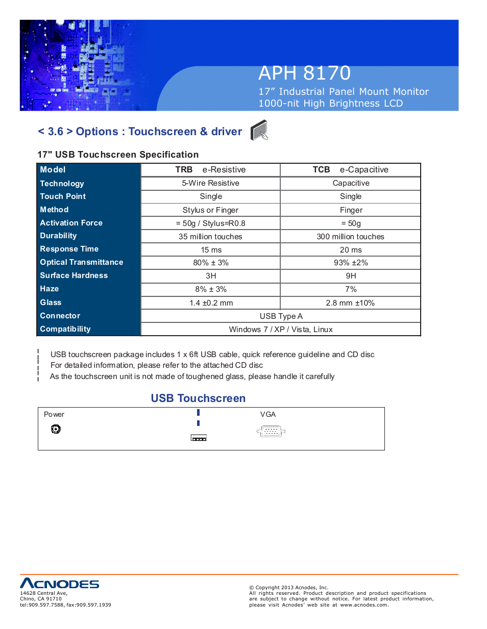 Aph 817 0, 6 > options : touchscreen & driver, Usb touchscreen | Acnodes APH 8170 User Manual | Page 18 / 24