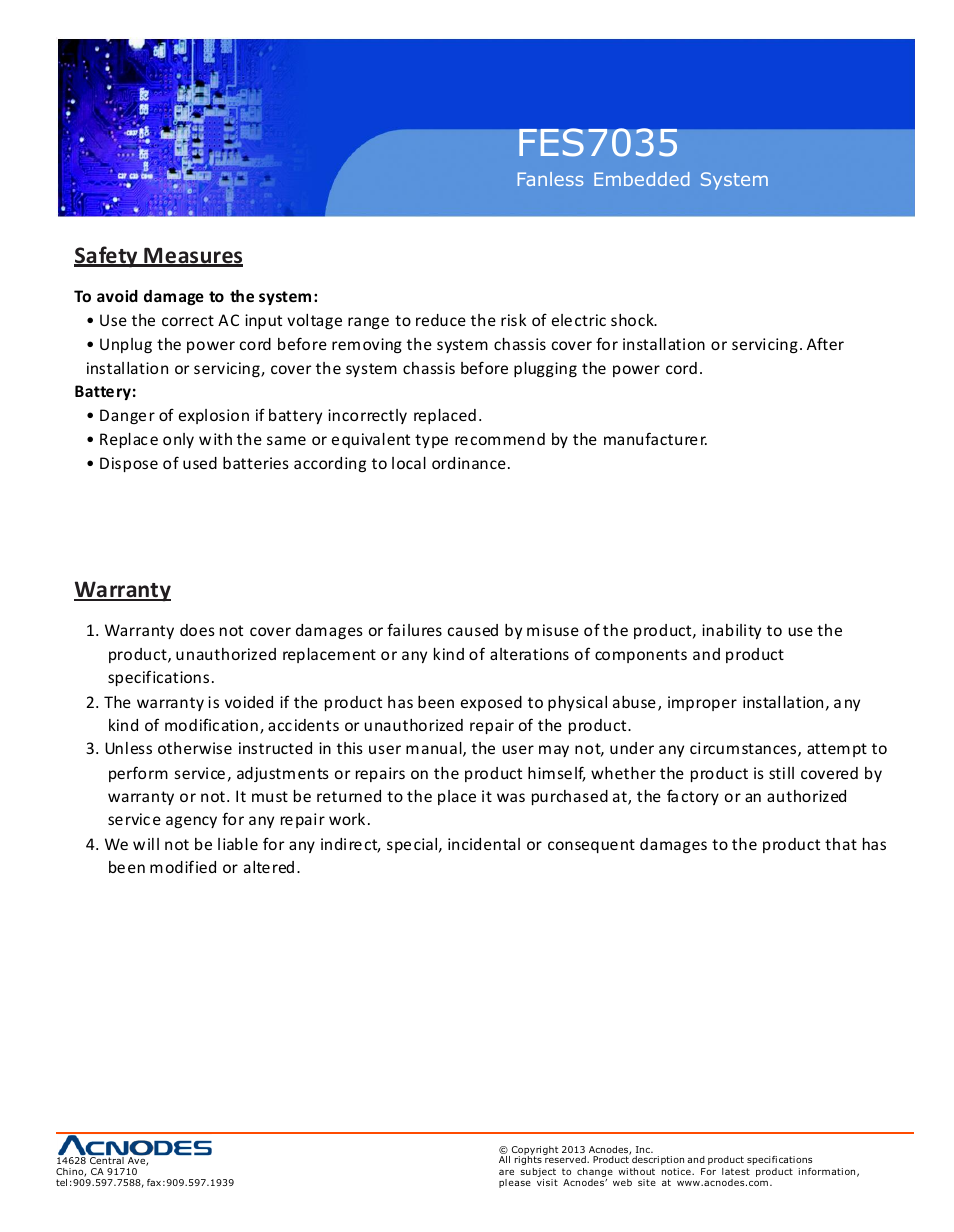 Fes7035, Safety measures, Warranty | Acnodes FES 7035 User Manual | Page 3 / 55