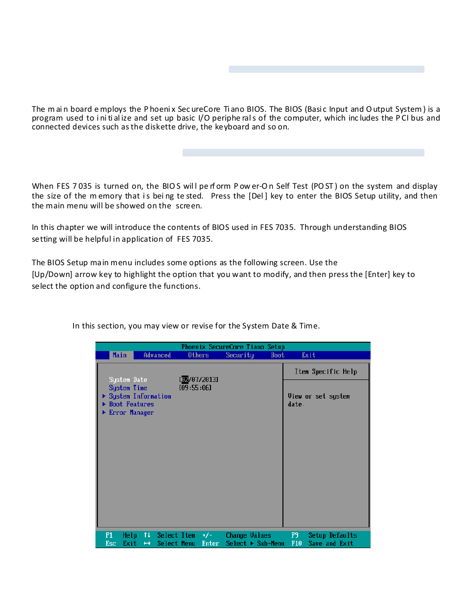 Chapter 4: bios setup menu, 1. bios configuration, Over view | 2. entering bios setup | Acnodes FES 7035 User Manual | Page 36 / 55
