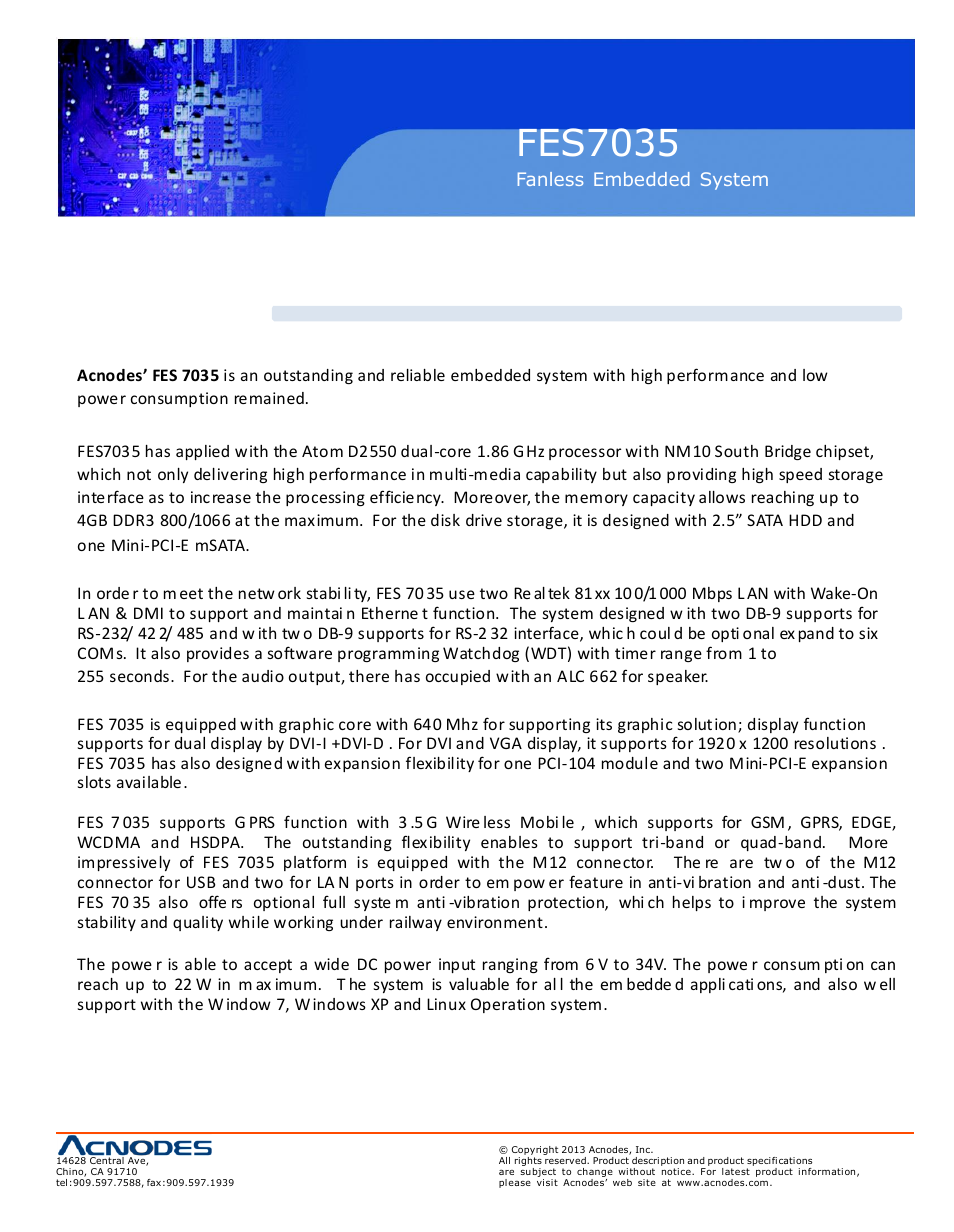 Fes7035, Chapter 1: introduction, 1 overview | Acnodes FES 7035 User Manual | Page 5 / 55
