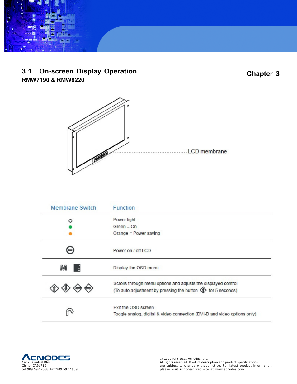 1 on-screen display operation chapter 3 | Acnodes RMW 8220 User Manual | Page 13 / 22