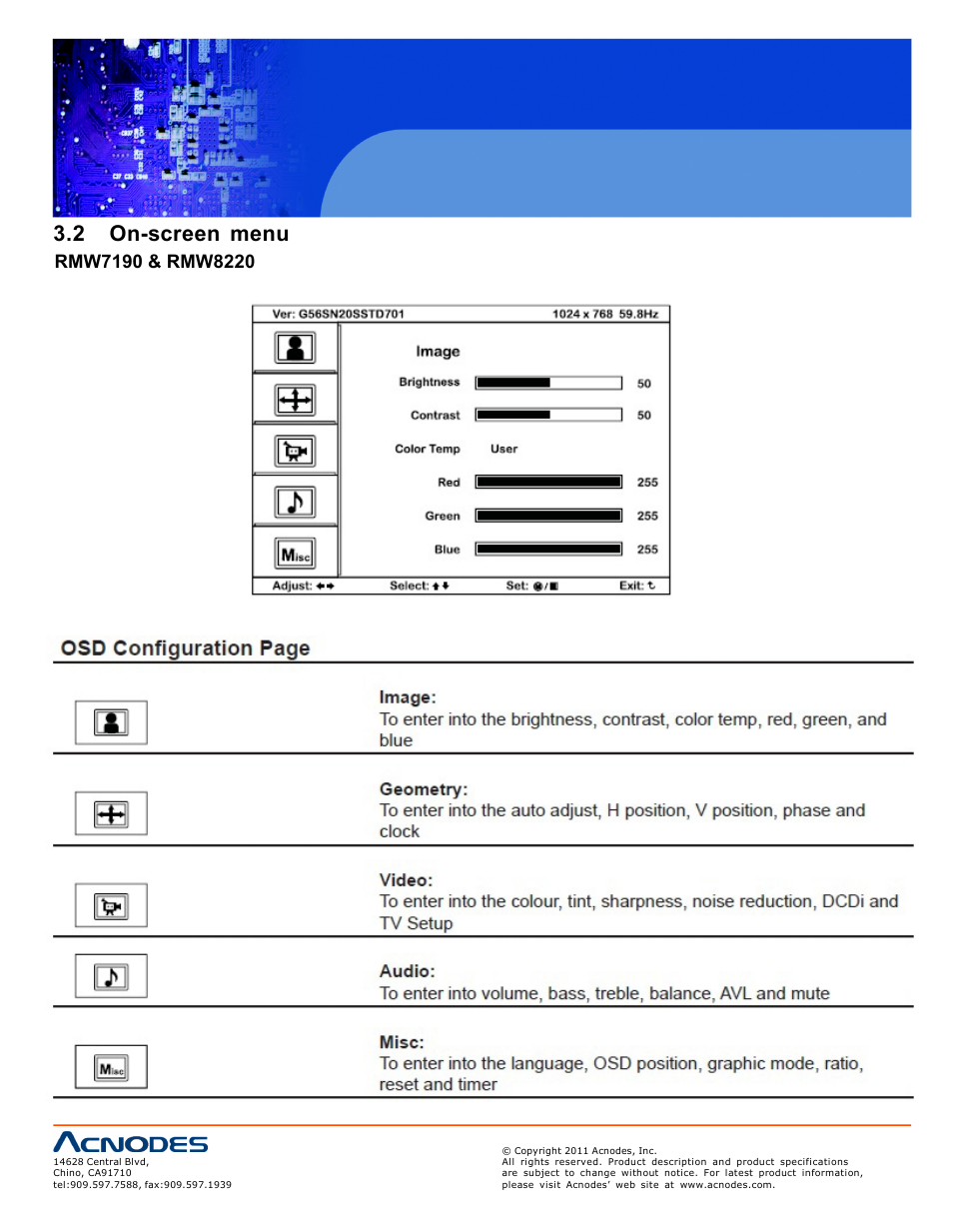 2 on-screen menu | Acnodes RMW 8220 User Manual | Page 14 / 22