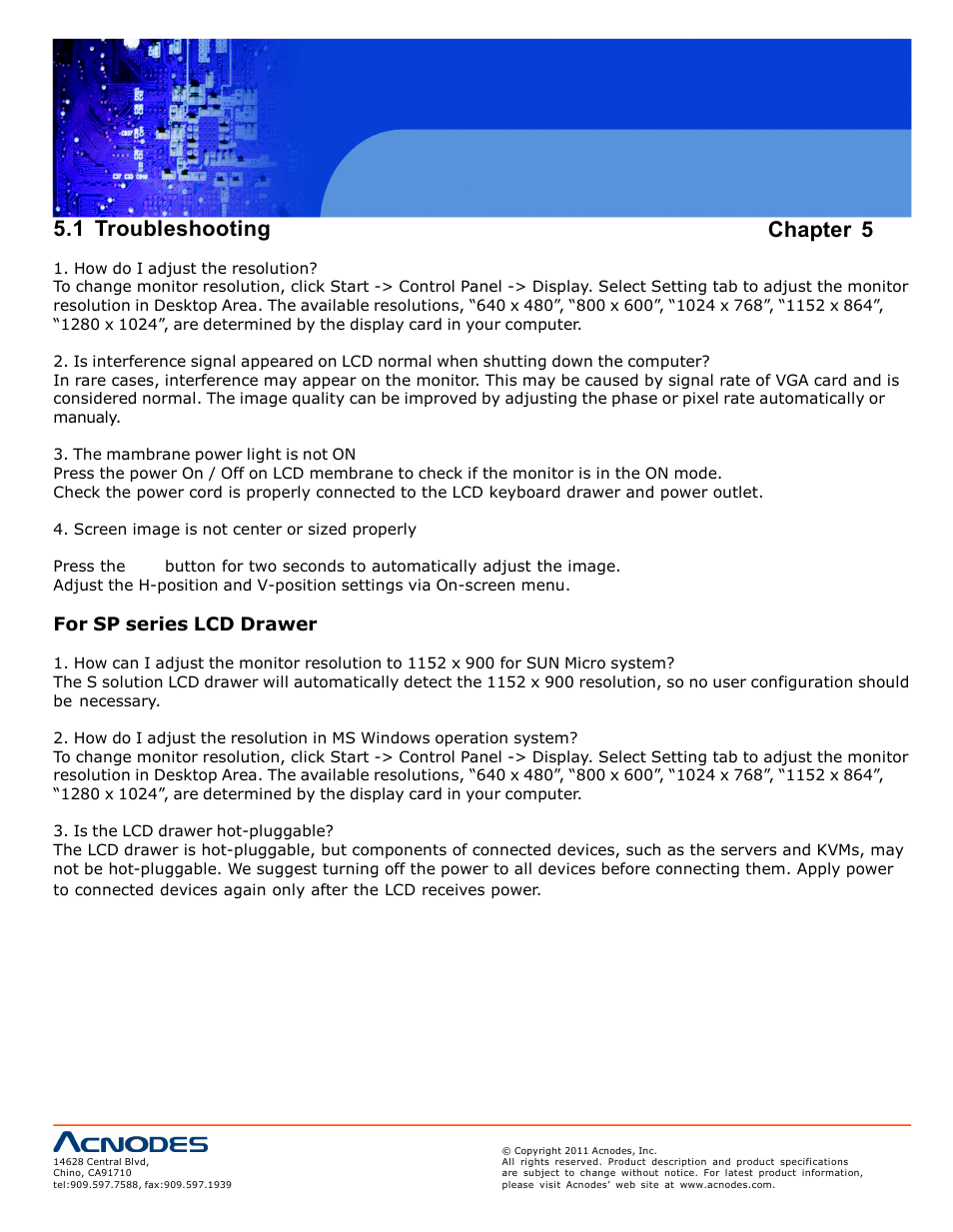 1 troubleshooting chapter 5, For sp series lcd drawer | Acnodes RMW 8220 User Manual | Page 22 / 22