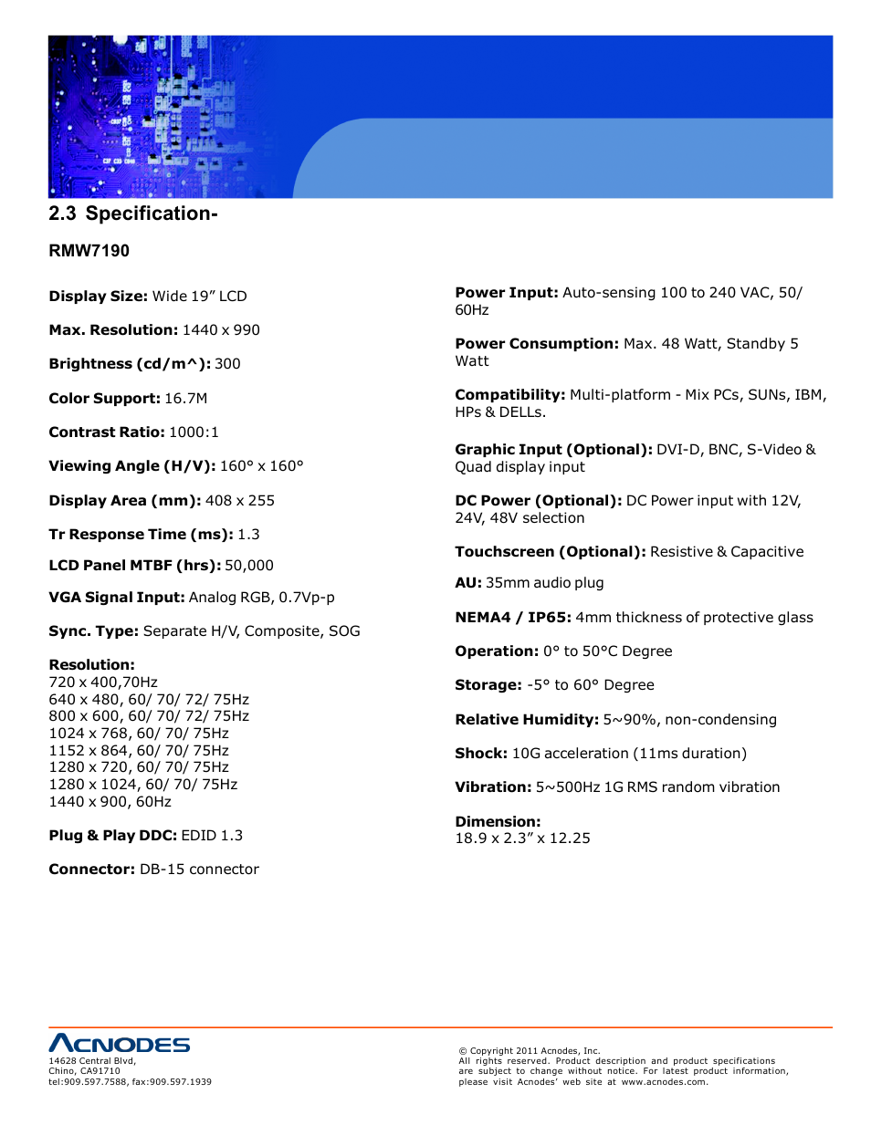 3 specification, Rmw7190 | Acnodes RMW 8220 User Manual | Page 8 / 22