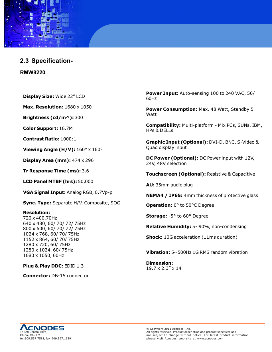 3 specification, Rmw8220 | Acnodes RMW 8220 User Manual | Page 9 / 22