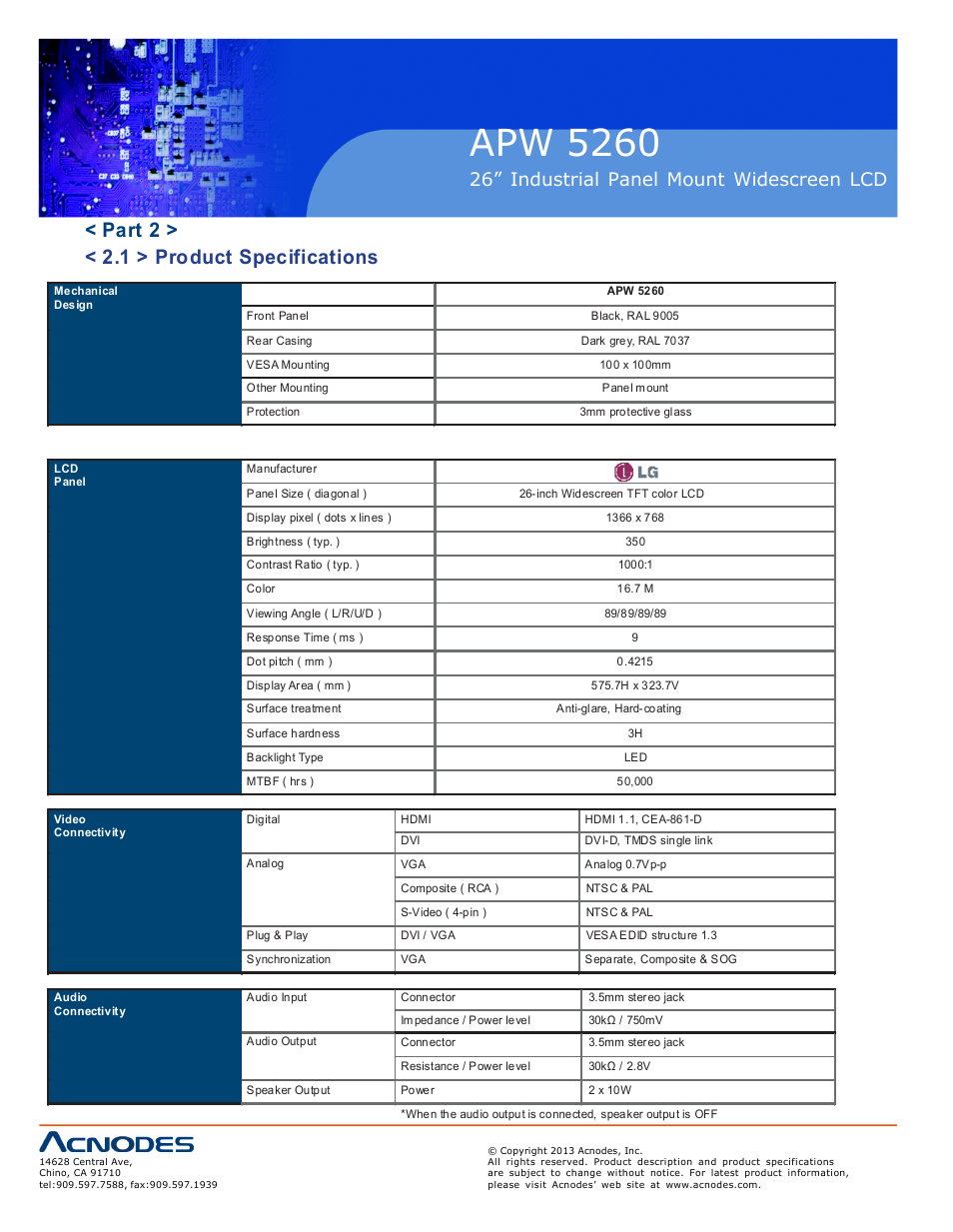Apw 5260, Part 2 > < 2.1 > product specifications, 26” industrial panel mount widescreen lcd | Acnodes APW 5260 User Manual | Page 10 / 21