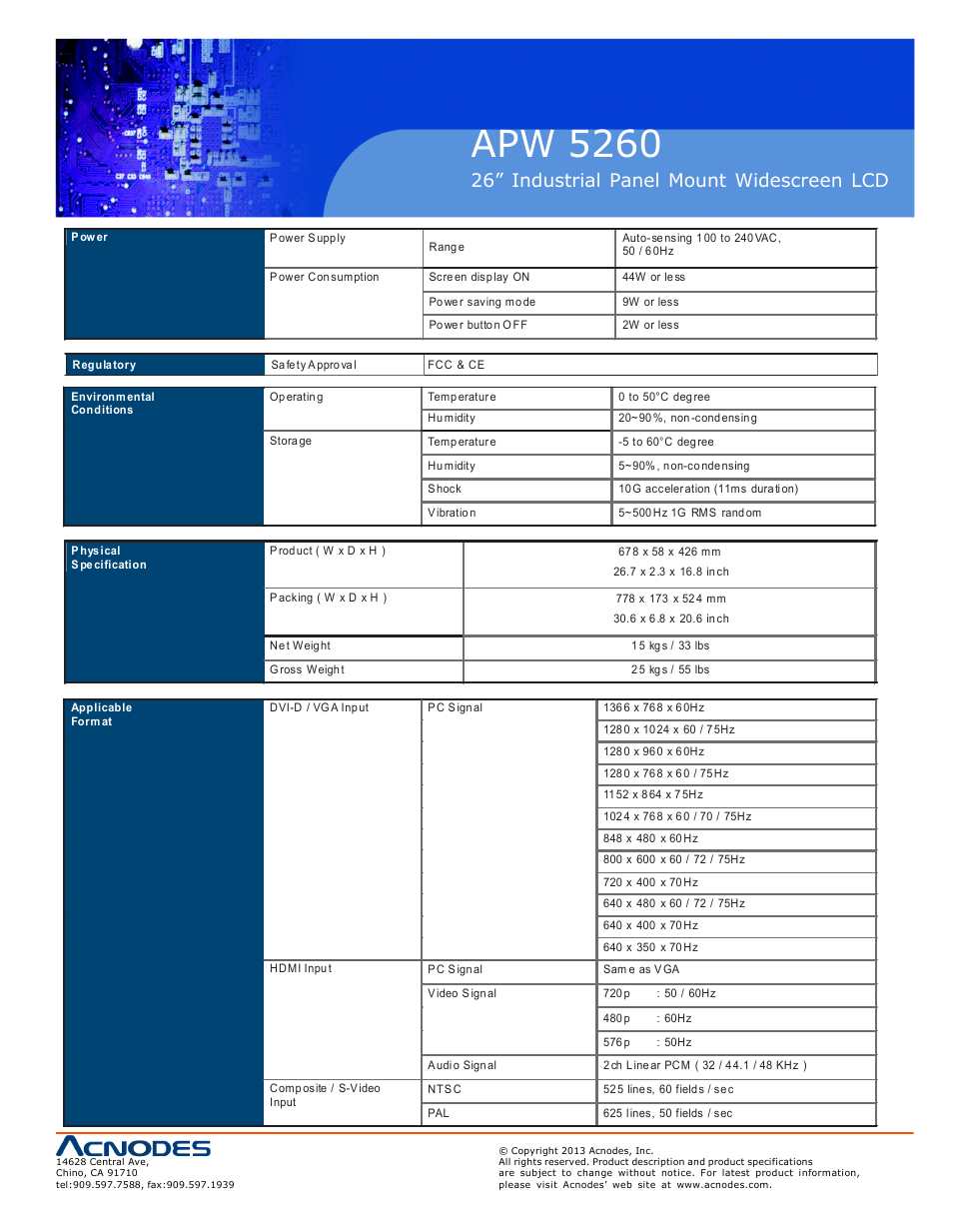Apw 5260, 26” industrial panel mount widescreen lcd | Acnodes APW 5260 User Manual | Page 11 / 21