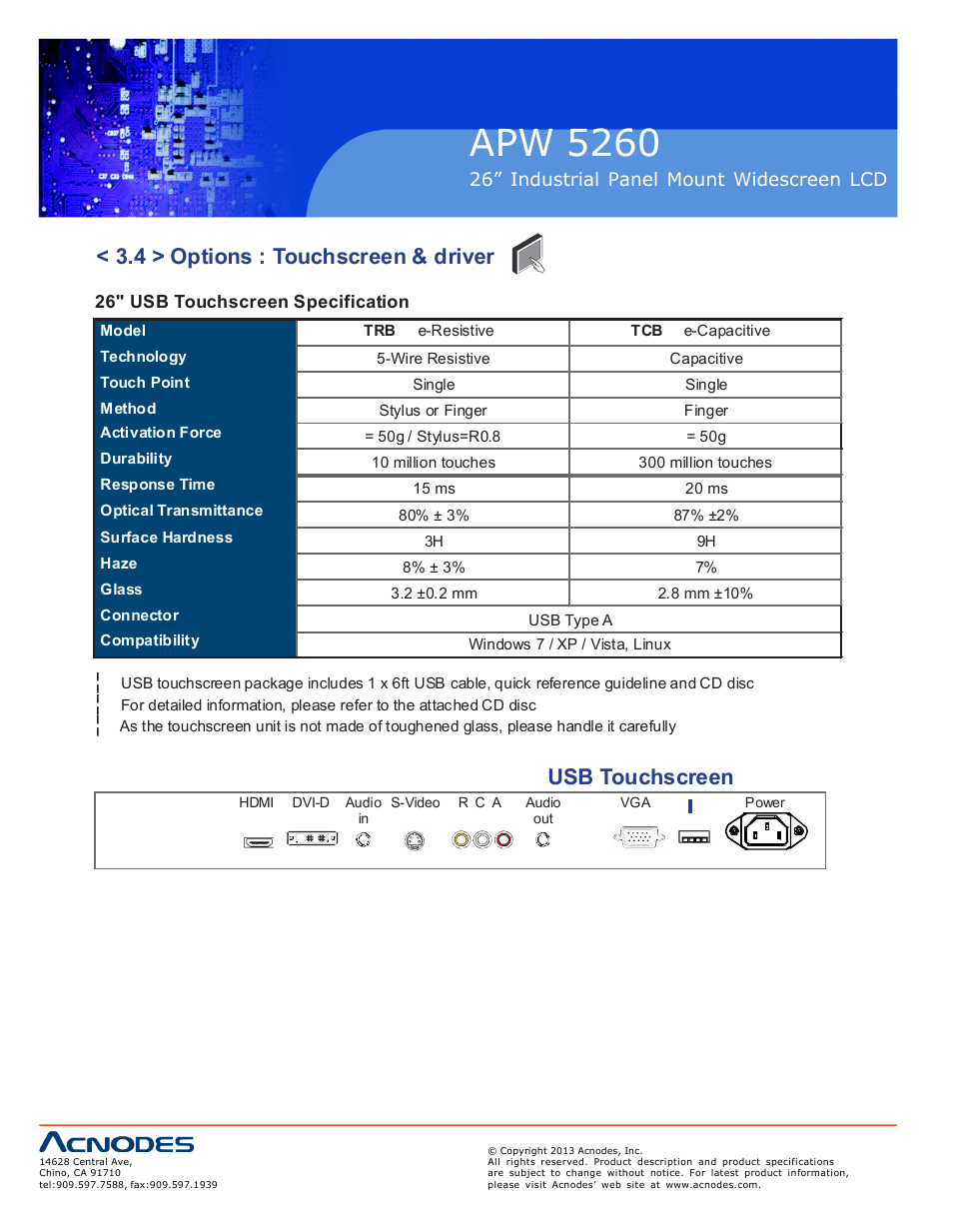 Apw 5260, 4 > options : touchscreen & driver, Usb touchscreen | Acnodes APW 5260 User Manual | Page 18 / 21