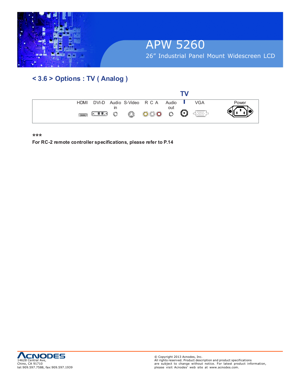 Apw 5260, 6 > options : tv ( analog ) | Acnodes APW 5260 User Manual | Page 21 / 21