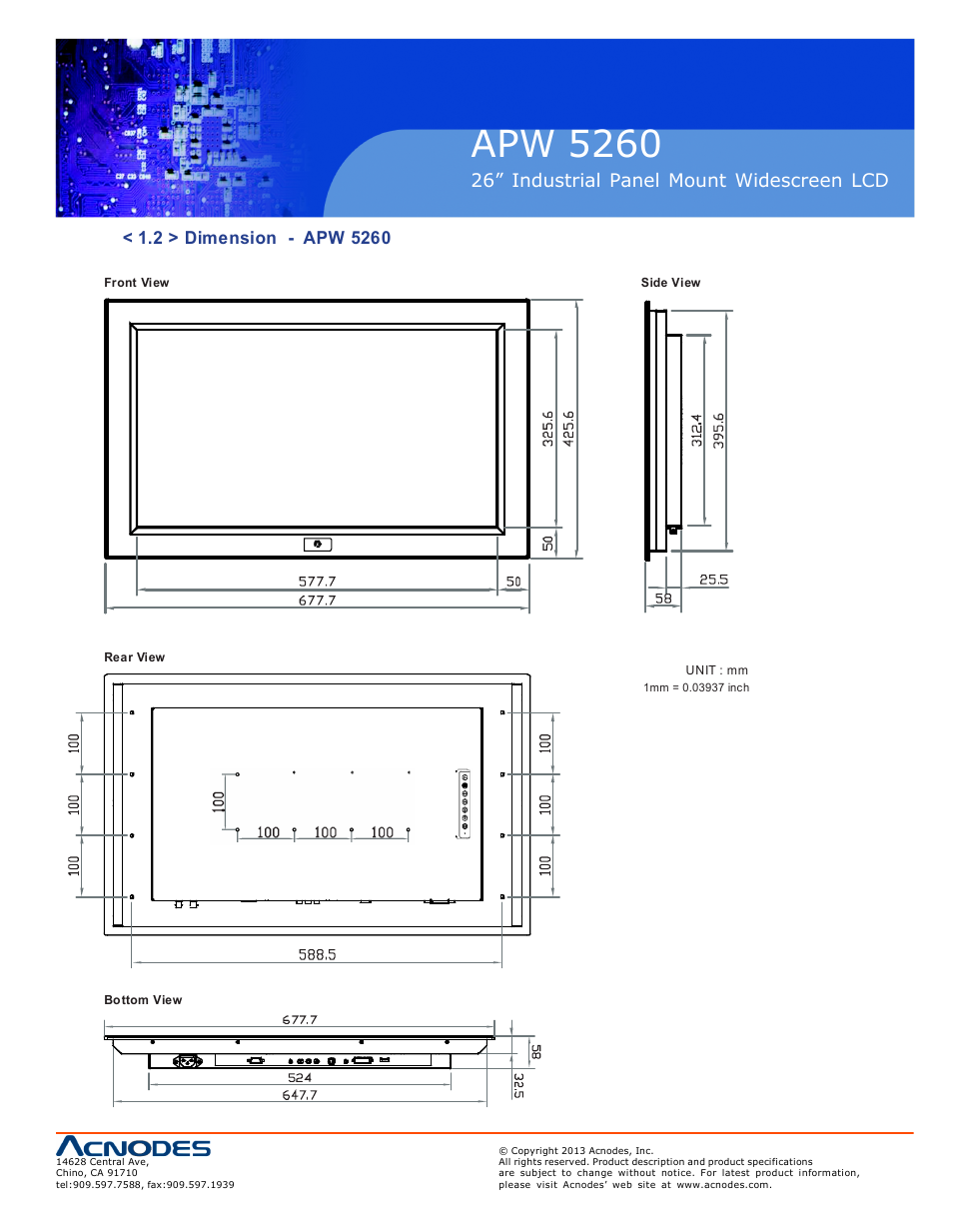 Apw 5260, Ap-w26 nap-w26, 26” industrial panel mount widescreen lcd | Acnodes APW 5260 User Manual | Page 7 / 21