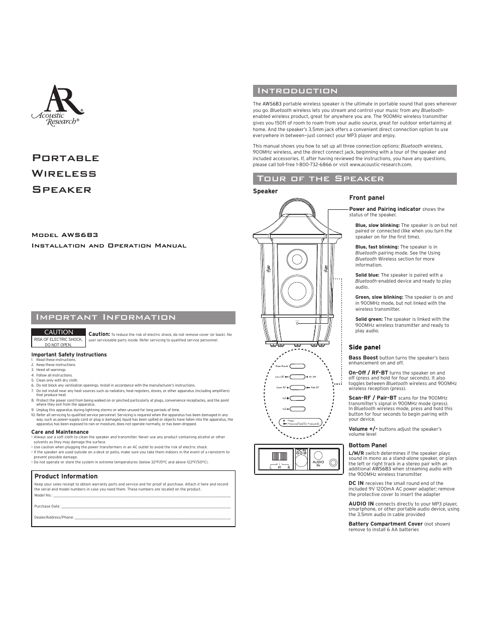 Acoustic Research AWS6B3 User Manual | 4 pages