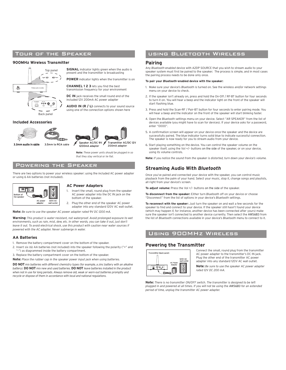 Portable wireless speaker, Introduction, Important information | Tour of the speaker, Powering the speaker, Using bluetooth wireless using 900mhz wireless, Pairing, Streaming audio with bluetooth, Powering the transmitter, Model aws6b3 installation and operation manual | Acoustic Research AWS6B3 User Manual | Page 2 / 4
