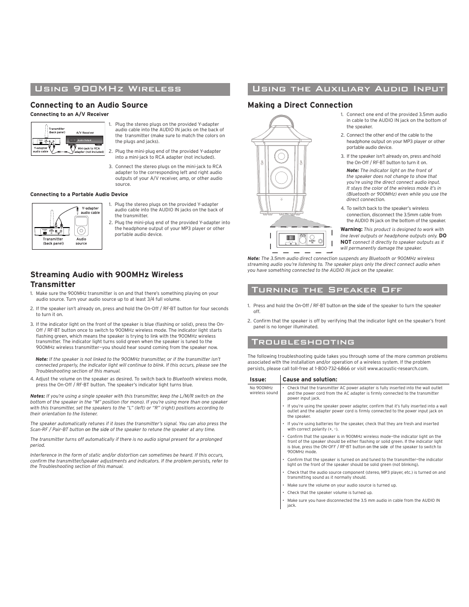Troubleshooting, 12 month limited warranty speci cations, Turning the speaker off | Using the auxiliary audio input, Using 900mhz wireless, Making a direct connection, Connecting to an audio source, Streaming audio with 900mhz wireless transmitter | Acoustic Research AWS6B3 User Manual | Page 3 / 4
