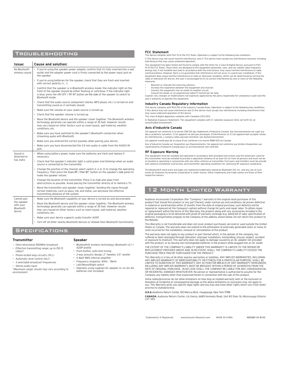 Troubleshooting, 12 month limited warranty speci cations, Turning the speaker off | Using the auxiliary audio input, Using 900mhz wireless, Making a direct connection, Connecting to an audio source, Streaming audio with 900mhz wireless transmitter | Acoustic Research AWS6B3 User Manual | Page 4 / 4