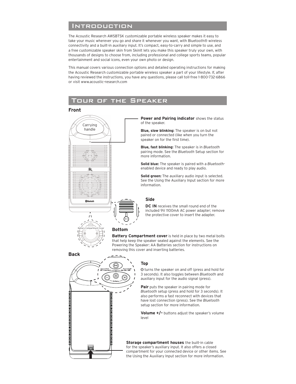 Portable wireless speaker, Introduction, Important information | Tour of the speaker, Powering the speaker system, Setting up bluetooth wireless, Powering the speaker, Pairing, Model awsbtsk user guide | Acoustic Research AWSBTSK User Manual | Page 2 / 6