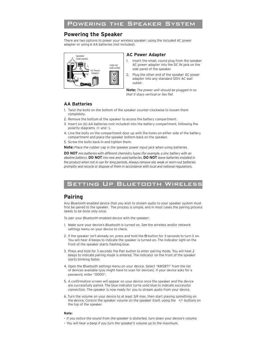 Portable wireless speaker, Introduction, Important information | Tour of the speaker, Powering the speaker system, Setting up bluetooth wireless, Powering the speaker, Pairing, Model awsbtsk user guide | Acoustic Research AWSBTSK User Manual | Page 3 / 6