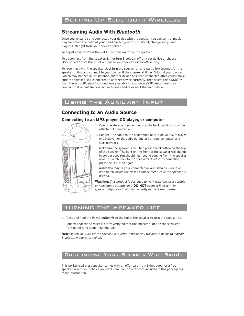 Troubleshooting, 12 month limited warranty speciﬁ cations, Turning the speaker off | Using the auxiliary input, Setting up bluetooth wireless, Customizing your speaker with skinit, Streaming audio with bluetooth, Connecting to an audio source | Acoustic Research AWSBTSK User Manual | Page 4 / 6