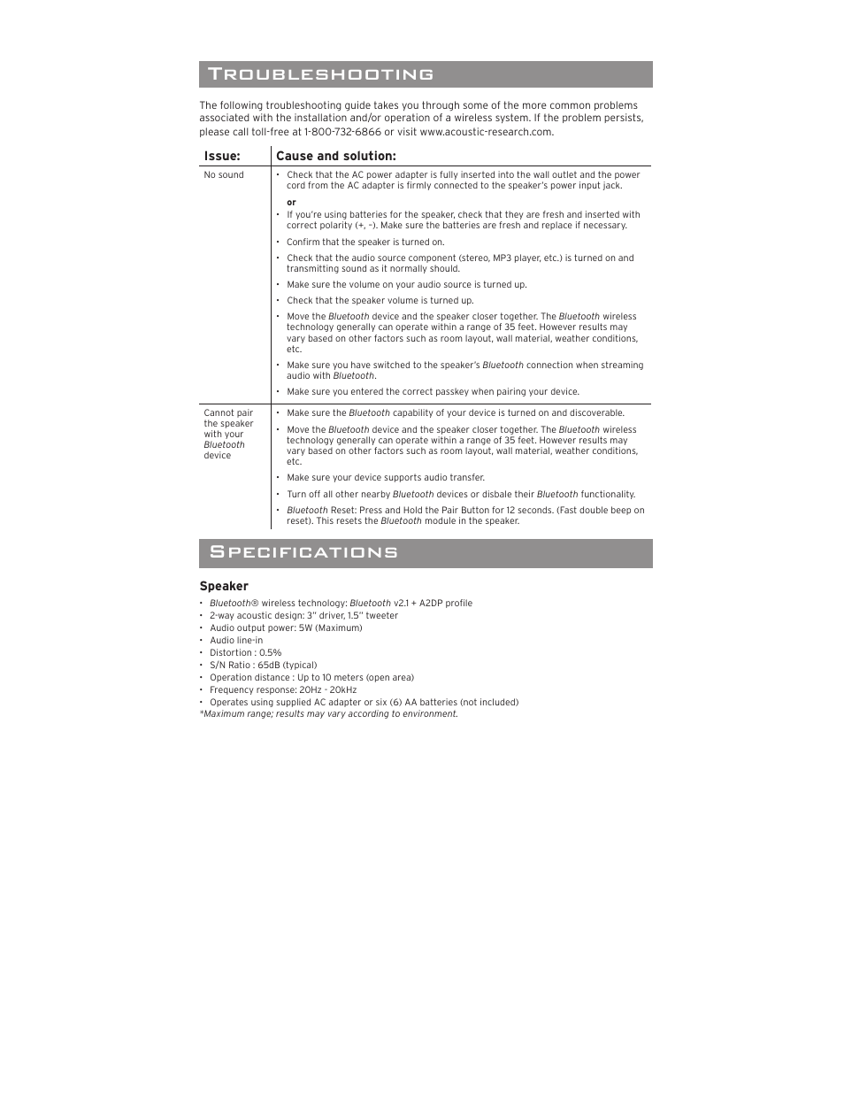 Troubleshooting, 12 month limited warranty speciﬁ cations, Turning the speaker off | Using the auxiliary input, Setting up bluetooth wireless, Customizing your speaker with skinit, Streaming audio with bluetooth, Connecting to an audio source | Acoustic Research AWSBTSK User Manual | Page 5 / 6