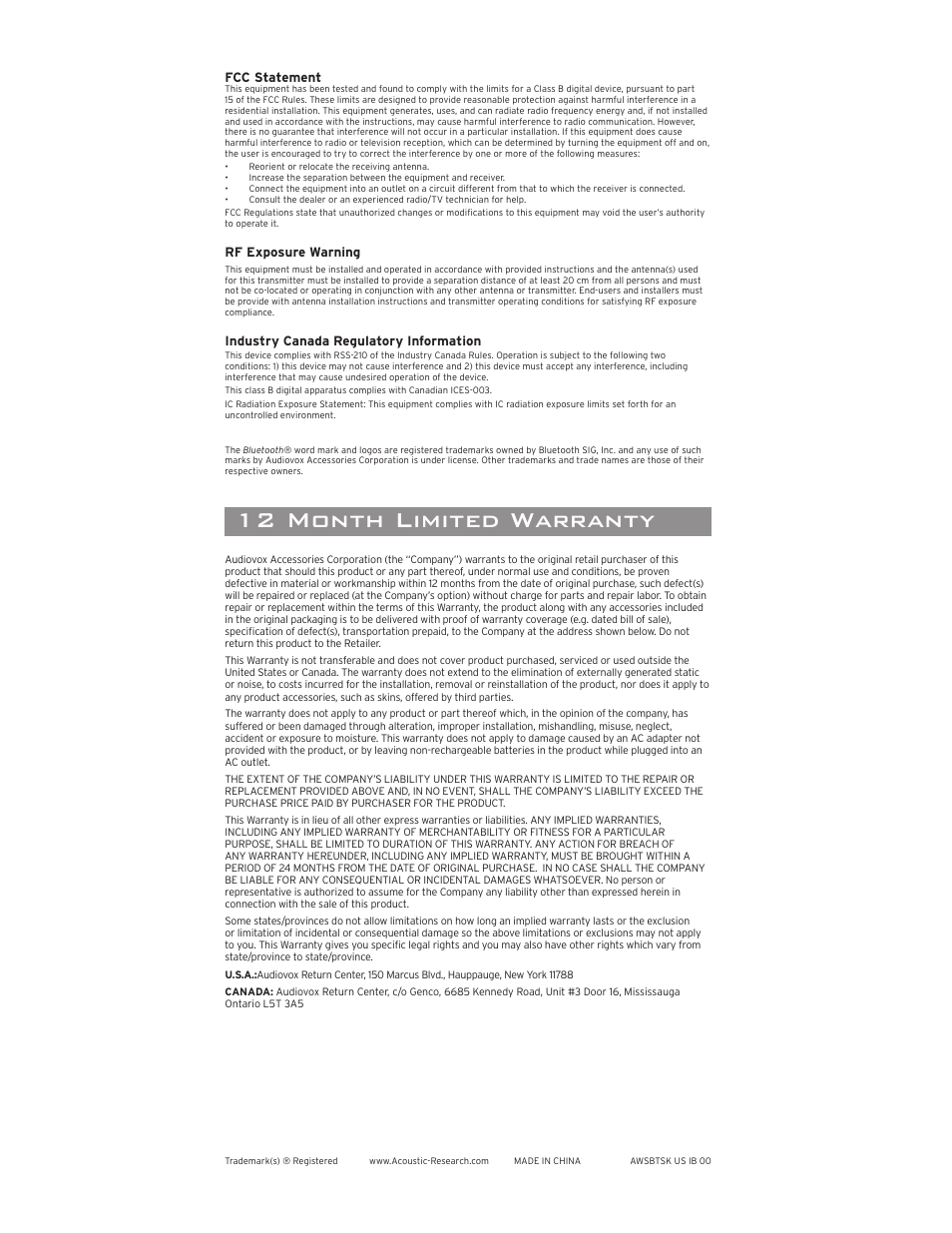 Troubleshooting, 12 month limited warranty speciﬁ cations, Turning the speaker off | Using the auxiliary input, Setting up bluetooth wireless, Customizing your speaker with skinit, Streaming audio with bluetooth, Connecting to an audio source | Acoustic Research AWSBTSK User Manual | Page 6 / 6