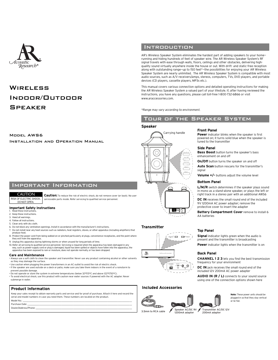 Acoustic Research AWS6 User Manual | 4 pages