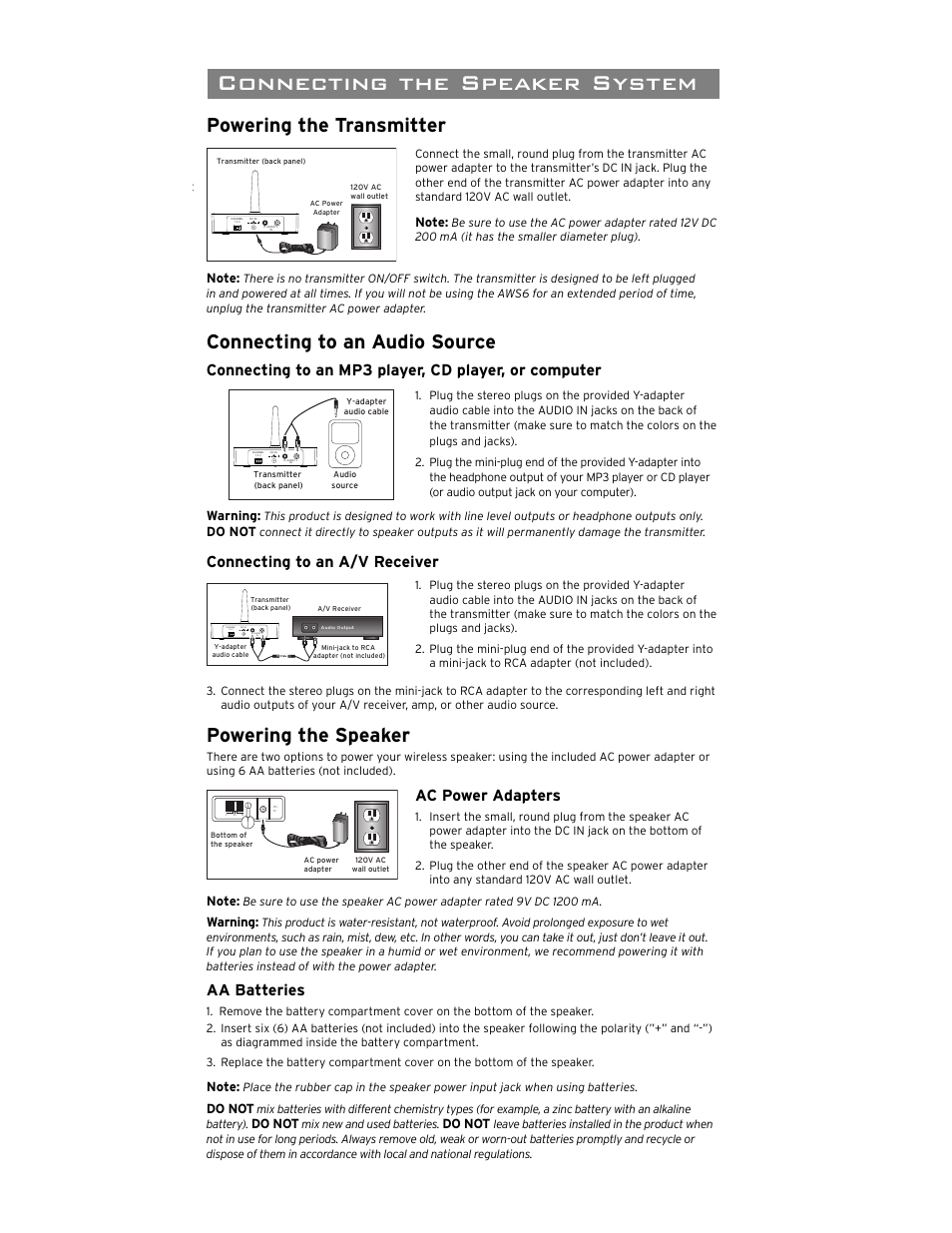 Wireless indoor/outdoor speaker, Introduction, Important information | Tour of the speaker system, Connecting the speaker system, Powering the transmitter, Connecting to an audio source, Powering the speaker, Model aws6 installation and operation manual, Caution | Acoustic Research AWS6 User Manual | Page 2 / 4