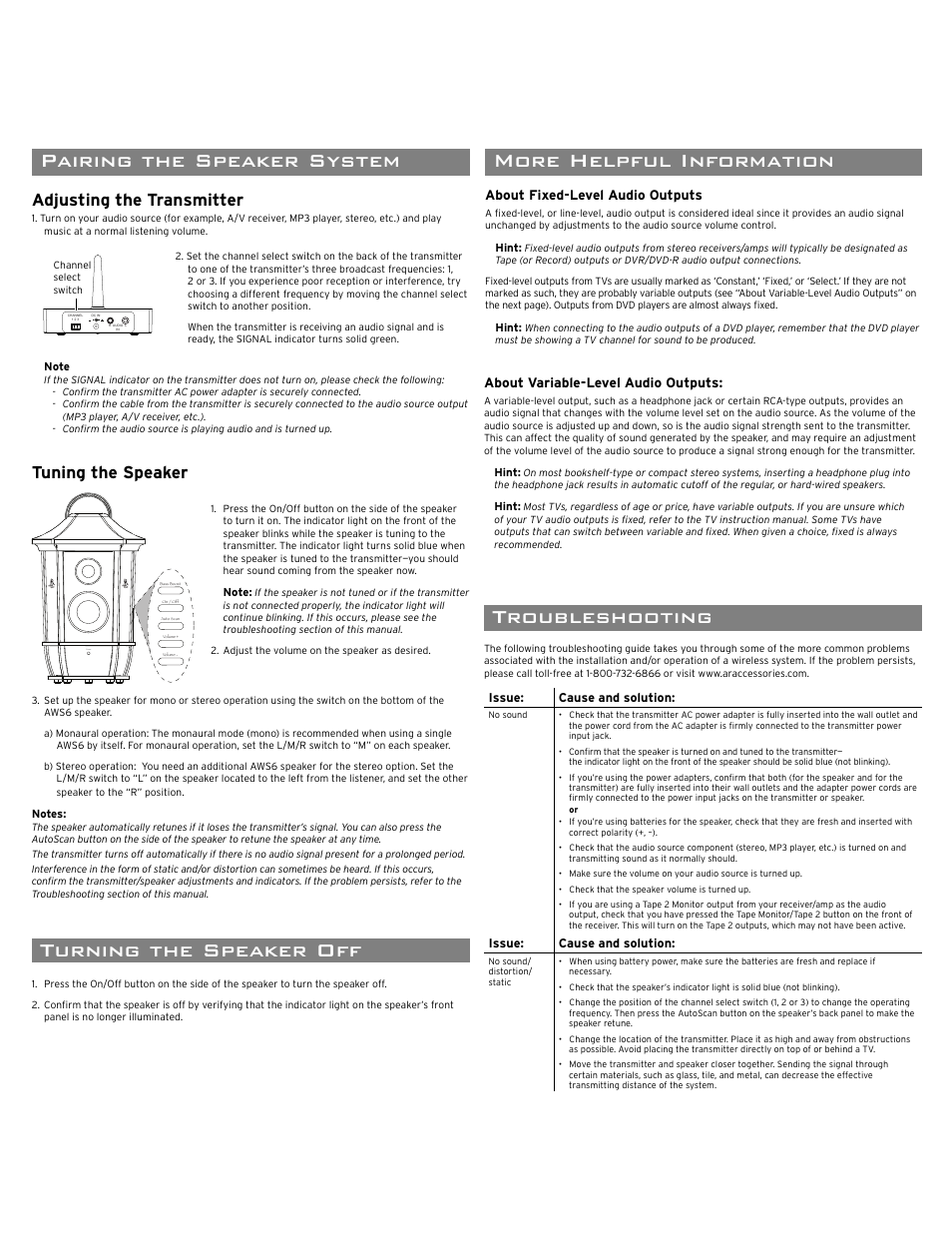 Troubleshooting, More helpful information, 12 month limited warranty speci cations | Pairing the speaker system, Turning the speaker off, Adjusting the transmitter, Tuning the speaker, Power | Acoustic Research AWS6 User Manual | Page 3 / 4