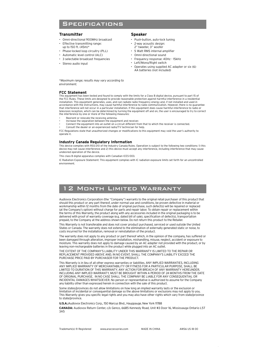 Troubleshooting, More helpful information, 12 month limited warranty speci cations | Pairing the speaker system, Turning the speaker off, Adjusting the transmitter, Tuning the speaker, About variable-level audio outputs, About fixed-level audio outputs | Acoustic Research AWS6 User Manual | Page 4 / 4