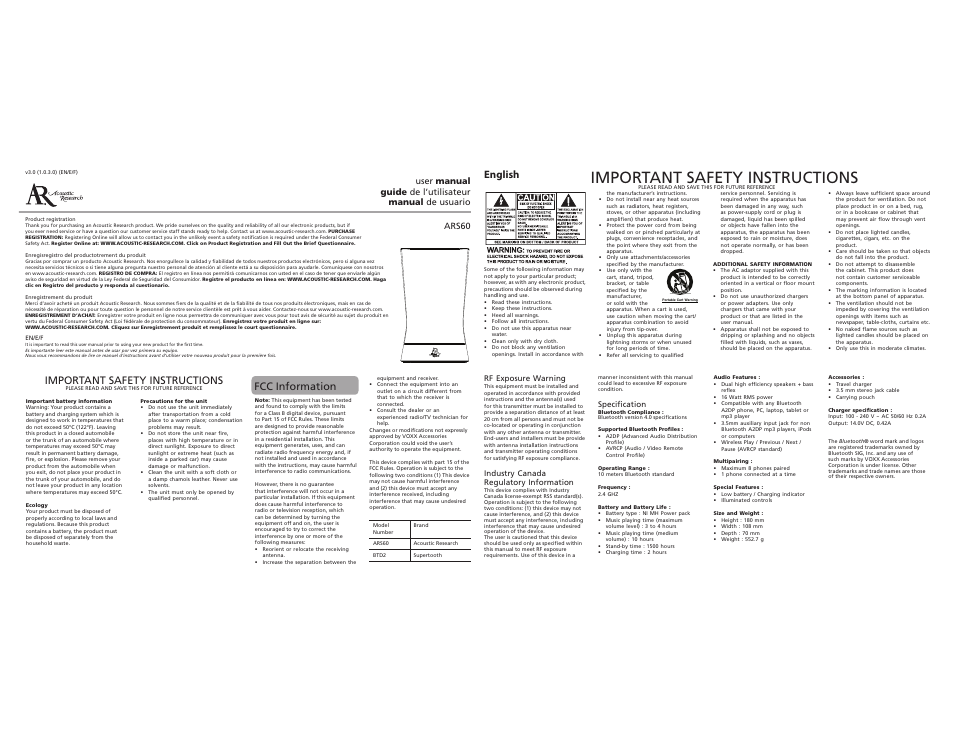 Acoustic Research ARS60BK User Manual | 3 pages