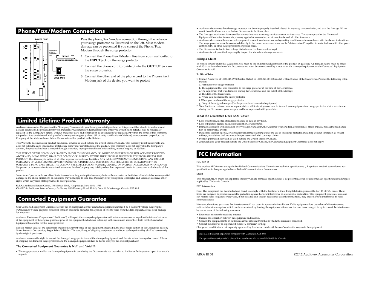 Phone/fax/modem connections | Acoustic Research ARO8 User Manual | Page 2 / 2
