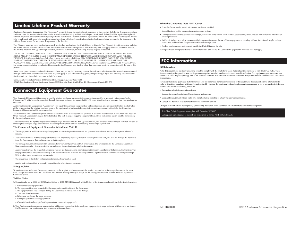 Connected equipment guarantee, Fcc information, Limited lifetime product warranty | Acoustic Research ARHT8 User Manual | Page 2 / 2