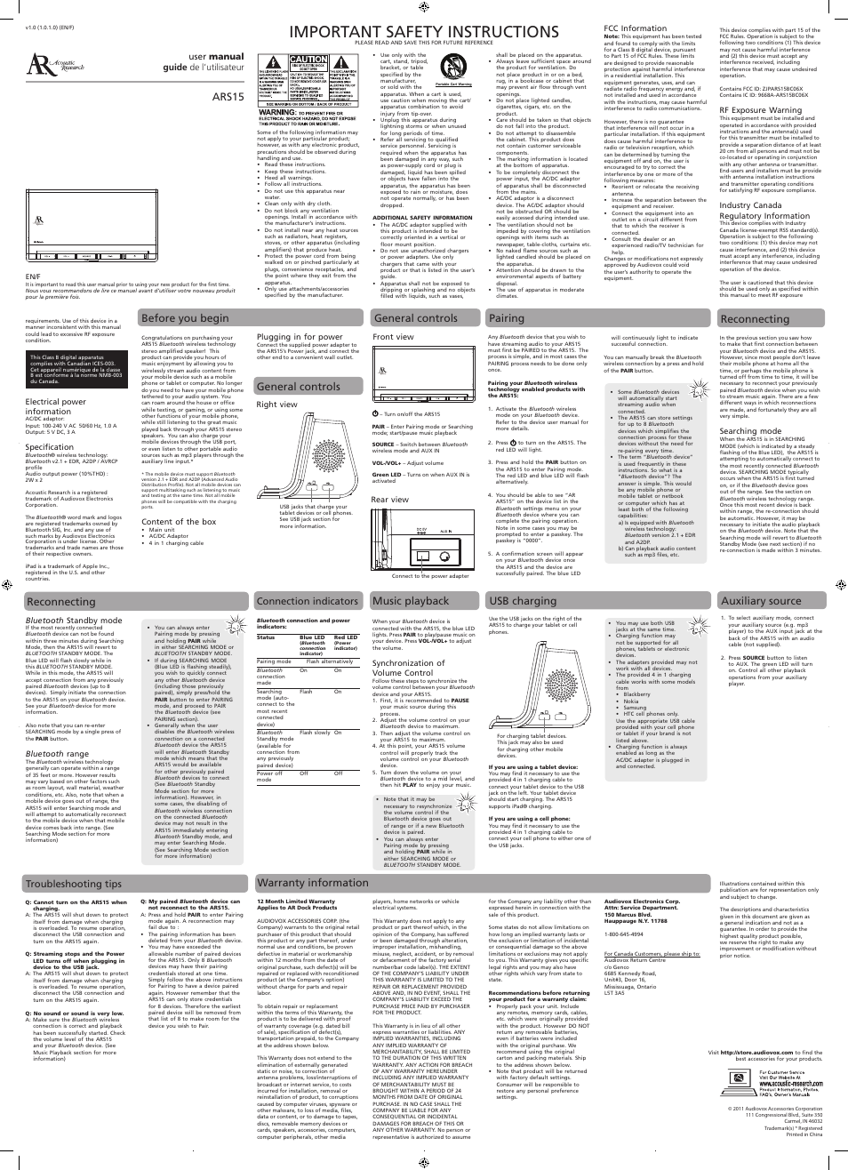 Acoustic Research ARS15 User Manual | 2 pages