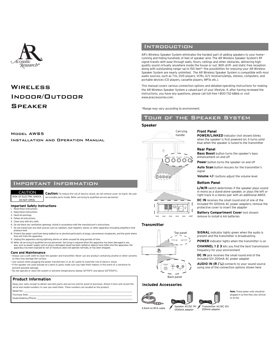 Acoustic Research AWS5 User Manual | 4 pages