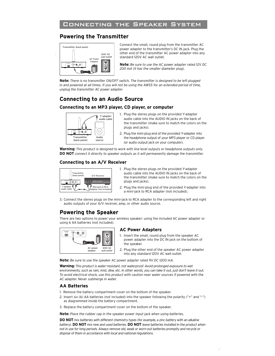 Wireless indoor/outdoor speaker, Introduction, Important information | Tour of the speaker system, Connecting the speaker system, Powering the transmitter, Connecting to an audio source, Powering the speaker, Model aws5 installation and operation manual, Caution | Acoustic Research AWS5 User Manual | Page 2 / 4