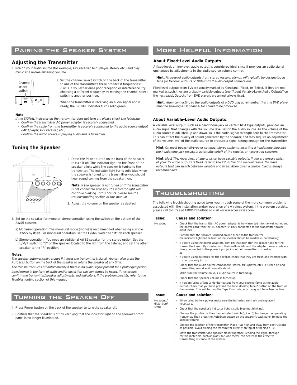 Troubleshooting, More helpful information, 12 month limited warranty speci cations | Pairing the speaker system, Turning the speaker off, Adjusting the transmitter, Tuning the speaker | Acoustic Research AWS5 User Manual | Page 3 / 4