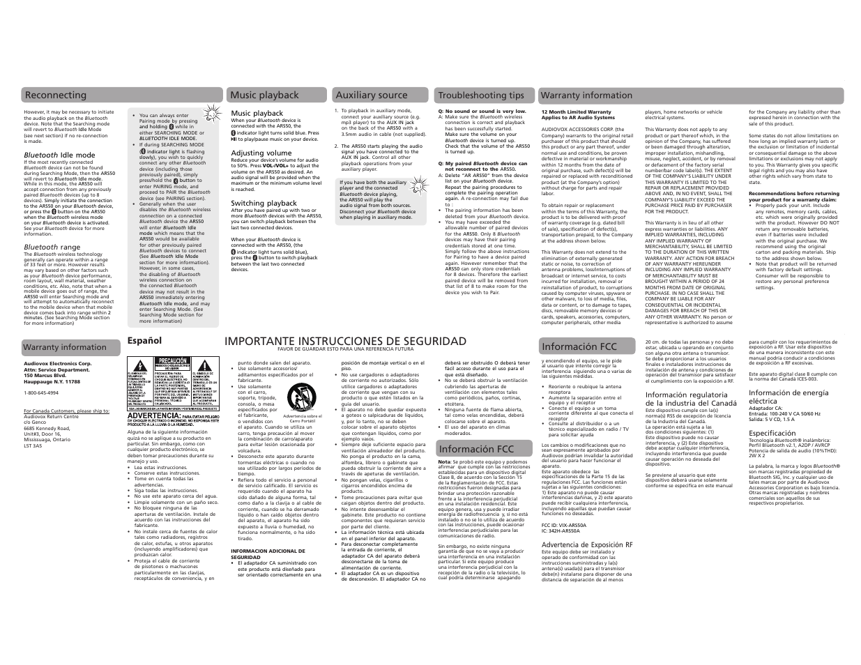 Important safety instructions, Importante instrucciones de seguridad, Auxiliary source | Before you begin general controls, Led indicators, English, Información fcc, Español, Asociación, Antes de comenzar controles generales | Acoustic Research ARS50 User Manual | Page 2 / 2