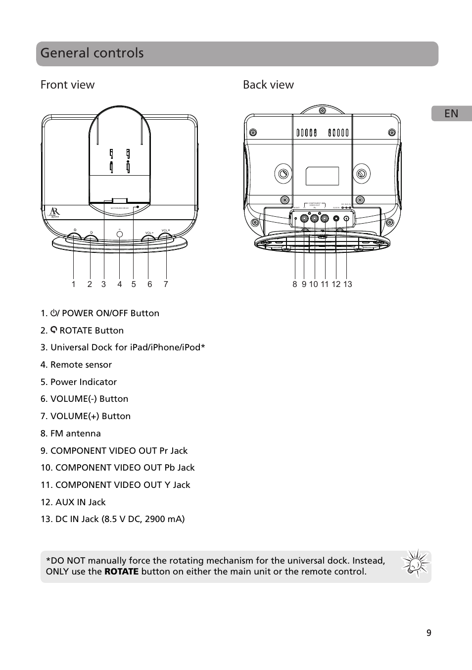 General controls, Front view back view | Acoustic Research ARS28I User Manual | Page 10 / 23