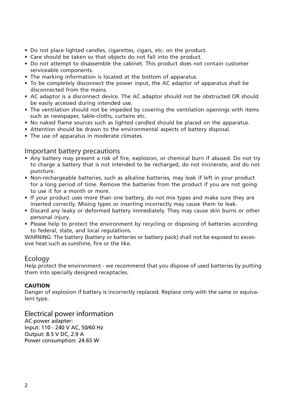 Important battery precautions, Ecology, Electrical power information | Acoustic Research ARS28I User Manual | Page 3 / 23
