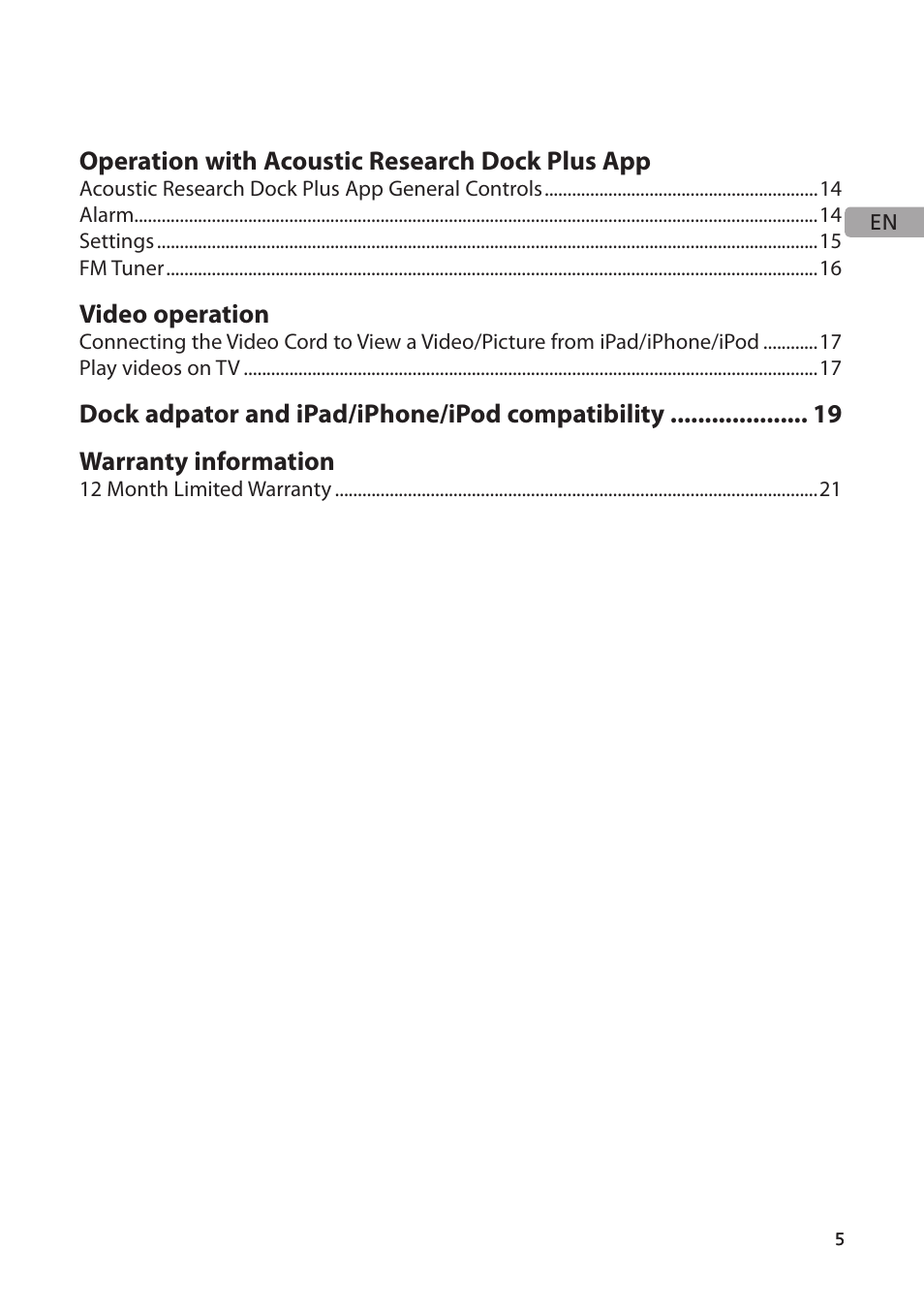 Operation with acoustic research dock plus app, Video operation | Acoustic Research ARS28I User Manual | Page 6 / 23