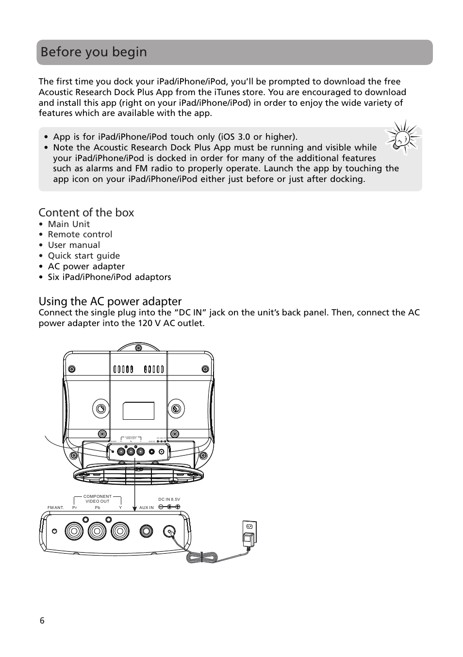 Before you begin, Content of the box, Using the ac power adapter | Acoustic Research ARS28I User Manual | Page 7 / 23