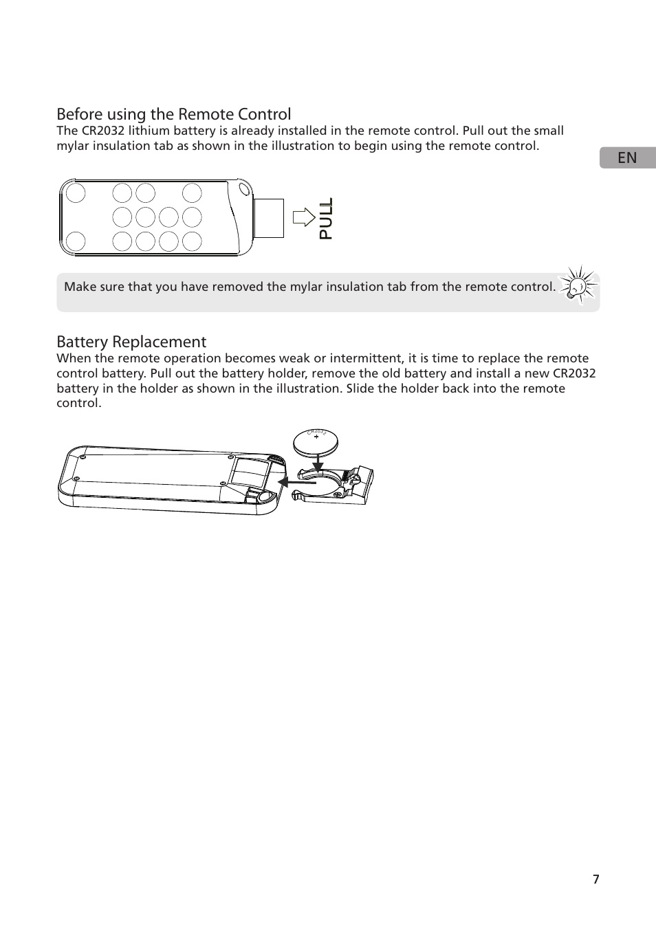 Before using the remote control, Battery replacement, Pu ll | Acoustic Research ARS28I User Manual | Page 8 / 23