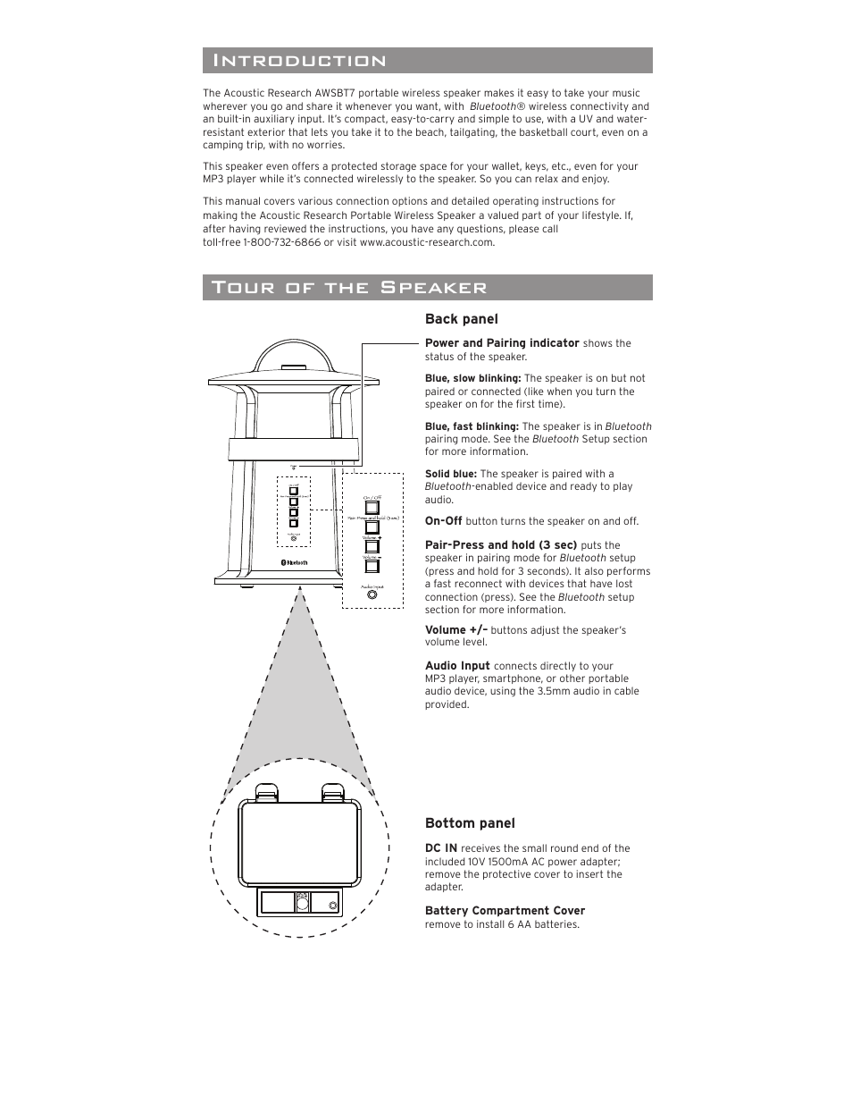 Portable wireless speaker, Introduction, Important information | Tour of the speaker powering the speaker system, Setting up bluetooth wireless, Powering the speaker, Pairing, Model awsbt7 installation and operation manual | Acoustic Research AWSBT7 User Manual | Page 2 / 6