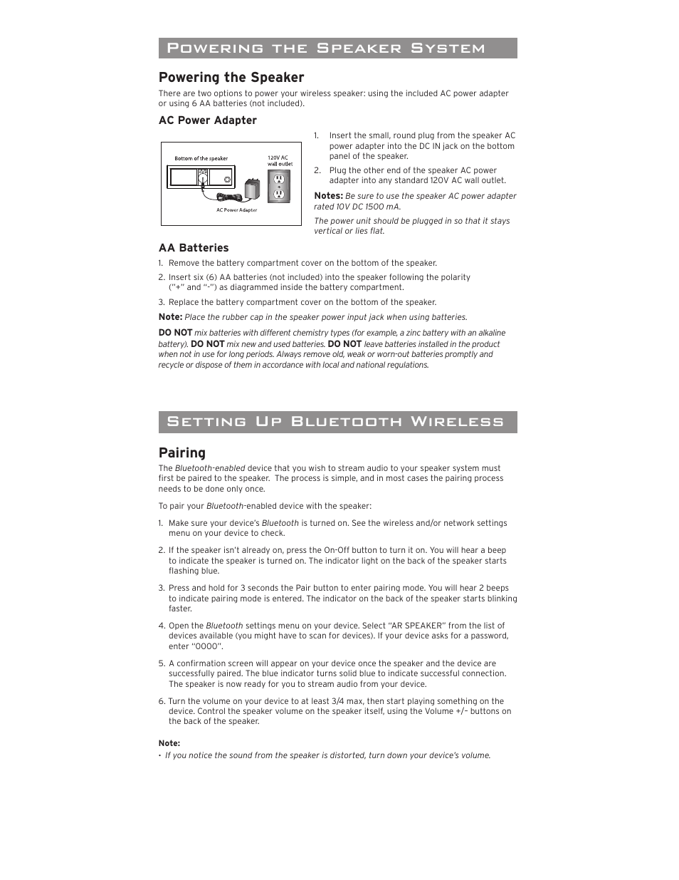 Portable wireless speaker, Introduction, Important information | Tour of the speaker powering the speaker system, Setting up bluetooth wireless, Powering the speaker, Pairing, Model awsbt7 installation and operation manual | Acoustic Research AWSBT7 User Manual | Page 3 / 6